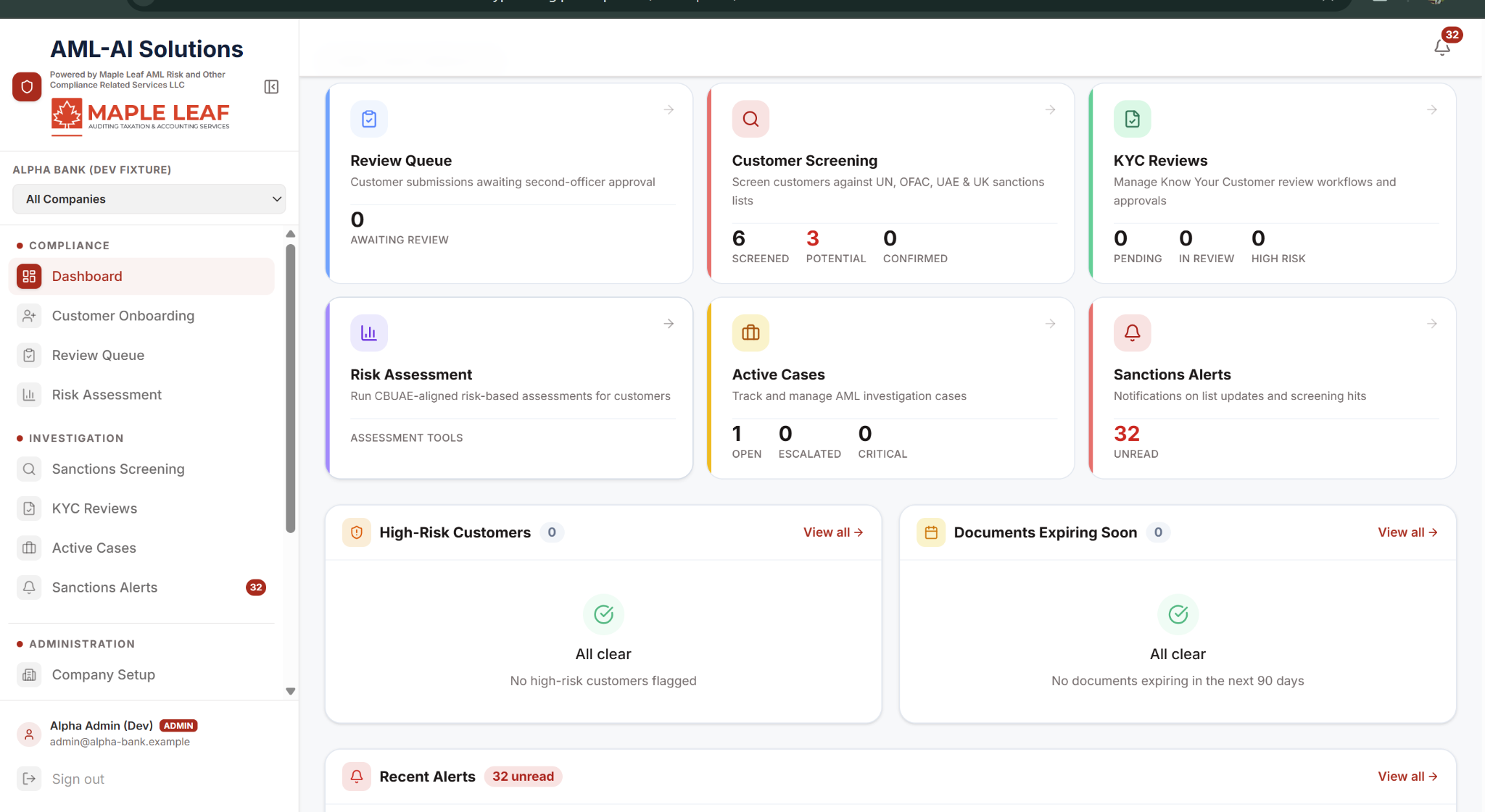 AML-AI Solutions dashboard